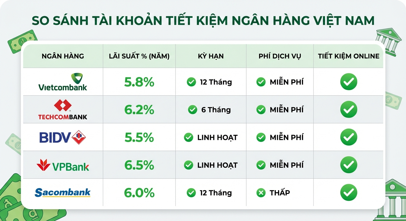 So sánh lãi suất tiết kiệm các ngân hàng 2026